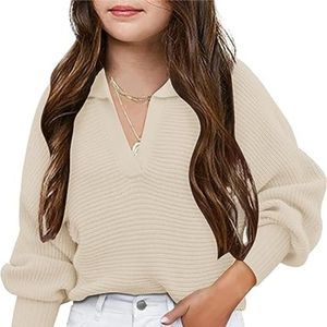 Girl's Batwing Long Sleeve V Neck Pullover Sweaters Kids Collared Slouchy Chunky